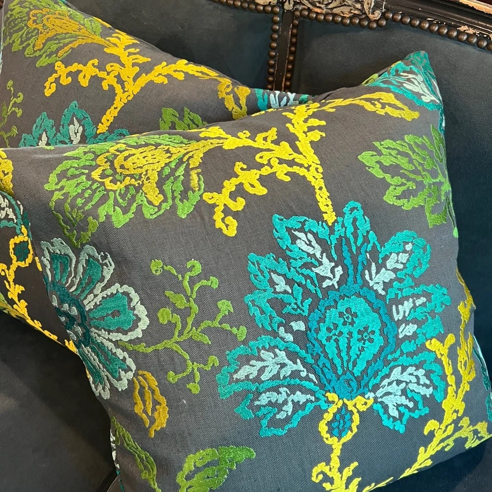 Custom made 20x20 pillows with embroidered linen yardage.
